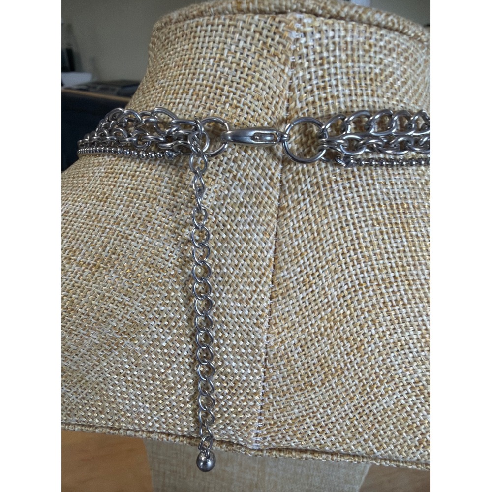 Silver Tone Multi Strand Layered Statement Necklace Mixed Rings Crystal Accents - Picture 3 of 7